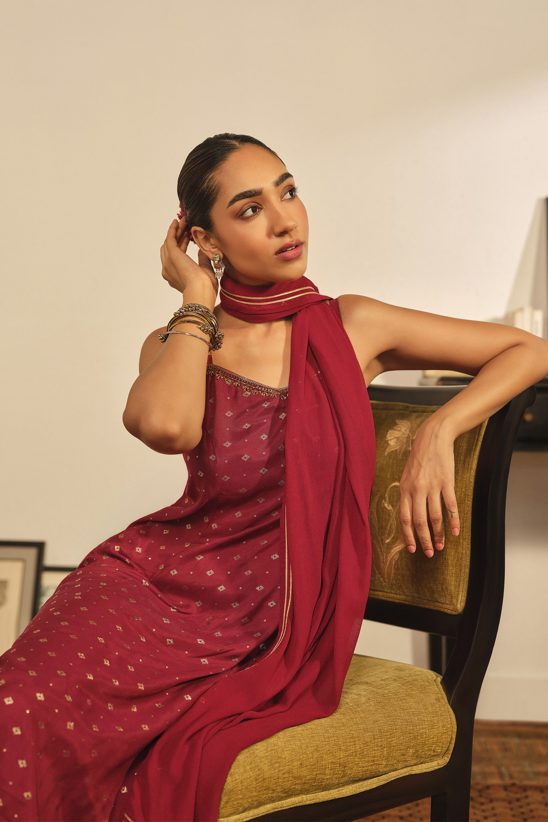 Printed Strappy Kurta Set in Red, Red, image 2